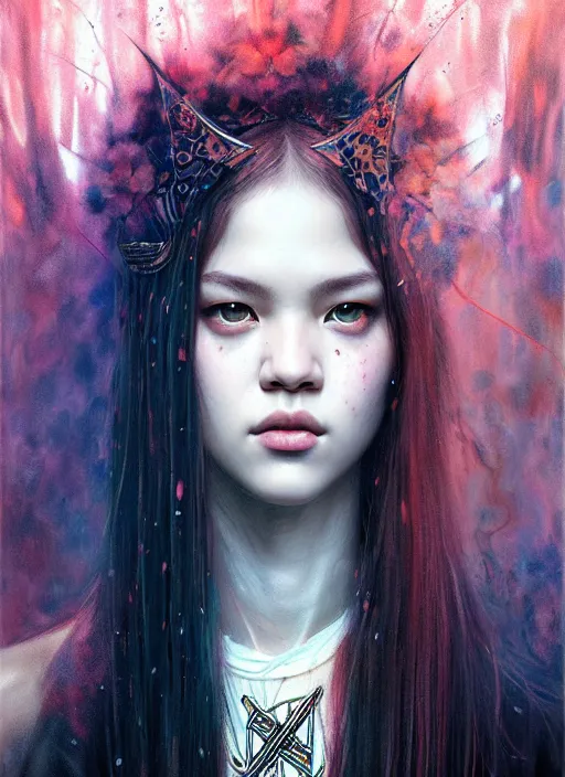 Prompt: jossi of blackpink, king, tarot card, highly detailed, digital painting, smooth, sharp focus, illustration, ultra realistic, unreal engine 8 k, art by karol bak and agnes cecile