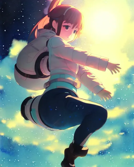 Prompt: oriental water color of a cute thicc astronaut woman, floating through space, backlit, by makoto shinkai and krenz cushart