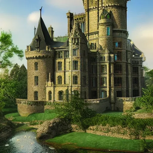 Image similar to England and Wales fairytale victorian castle with a fairytale green roof photorealistic cinematic highly detailed 19th century photorealistic