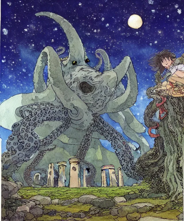 Image similar to a hyperrealist studio ghibli watercolor fantasy concept art. in the foreground is a giant grey octopus lifting and putting stones in to place on top of stonehenge with a starry sky. by rebecca guay, michael kaluta, charles vess