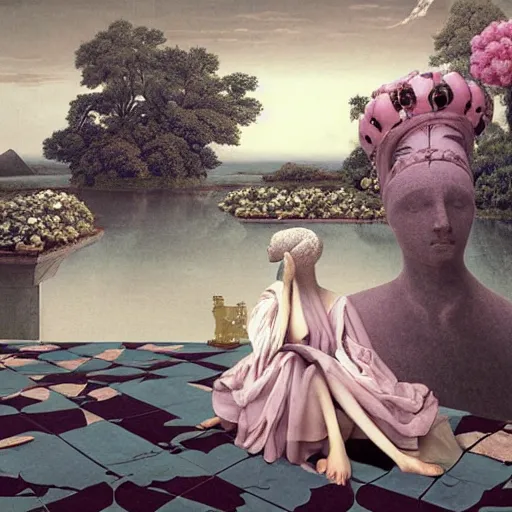 Prompt: David Friedrich, giant marble chess pieces, gold rings, liminal spaces, party balloons, checkered pattern, mirrors, David Friedrich, award winning masterpiece with incredible details, Zhang Kechun, a surreal vaporwave vaporwave vaporwave vaporwave vaporwave painting by Thomas Cole of an old pink mannequin head with flowers growing out, sinking underwater, highly detailed