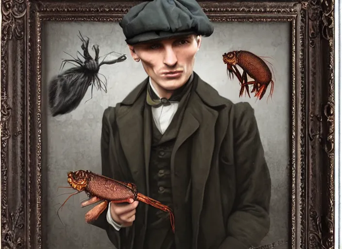 Prompt: thomas shelby with a shrimp on the head, lowbrow, matte painting, 3 - d highly detailed, in the style of mark ryden,