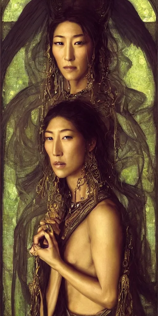 Image similar to epic masterpiece portrait of priestess played by dichen lachman, followed by head with many souls, beautiful face and flawless skin, perfect hands, emeralds by Edgar Maxence and Ross Tran and Michael Whelan