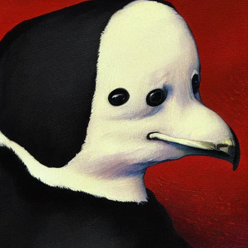 Image similar to a memorial for pingu, painting, the style of goya, medium close up