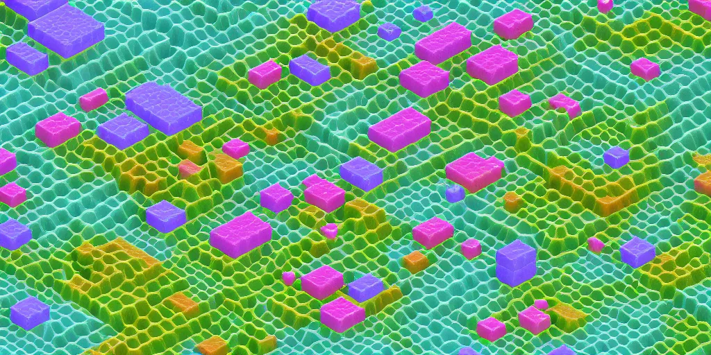 Image similar to voxel meadows intertwined with compression algorithms, alien plants, computer-circuitry based structures sticking out, abstract, pastel tones, low-poly, ray-tracing, 4k, high-quality render, trending on artstation