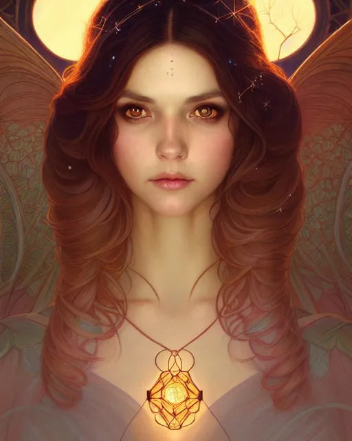 Image similar to symmetry portrait of brunette princess, glam, fae, fireflies, forest background, intricate, elegant, highly detailed, digital painting, artstation, concept art, smooth, sharp focus, illustration, art by artgerm and greg rutkowski and fra angelico and alphons mucha