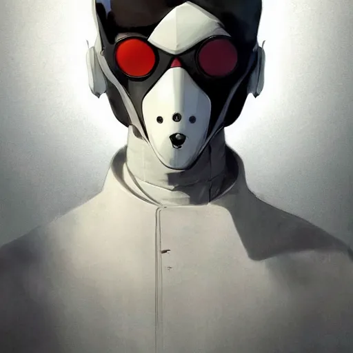 Prompt: full body portrait of a male character in sleek clothes, in a futuristic flowing white tailcoat, wearing a white insectoid mask with five round lenses for eyes, many eyes, dramatic lighting, illustration by Greg rutkowski, yoji shinkawa, 4k, digital art, concept art, trending on artstation