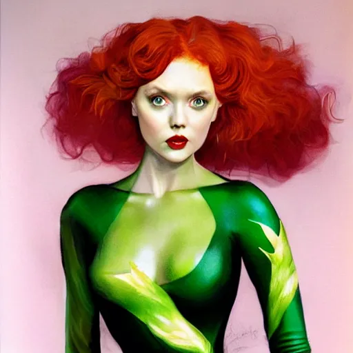 Image similar to portrait of lily cole as poison ivy, wearing a green dress and floral growths, epic details by alex ross