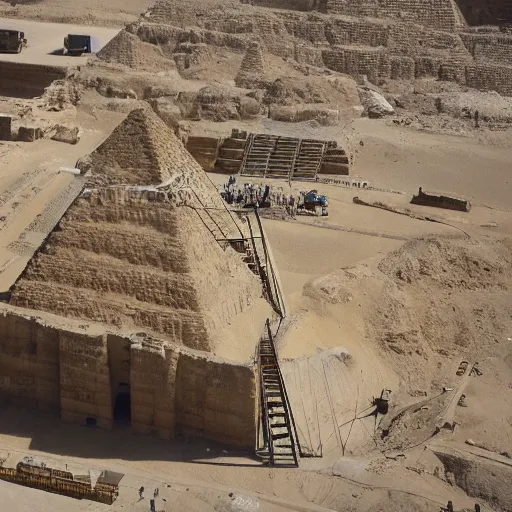 Image similar to a photograph of the great pyramid of giza at the early stages of construction with scaffolding and workers, dslr high resolution