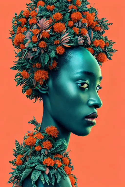 Image similar to hyperrealistic post - renaissance cinematic super expressive! yoruba goddess with exoskeleton armor, merging with tree in a forest, pink orange flowers, highly detailed digital art masterpiece, smooth cam de leon eric zener dramatic pearlescent soft teal light, ground angle hd 8 k, sharp focus