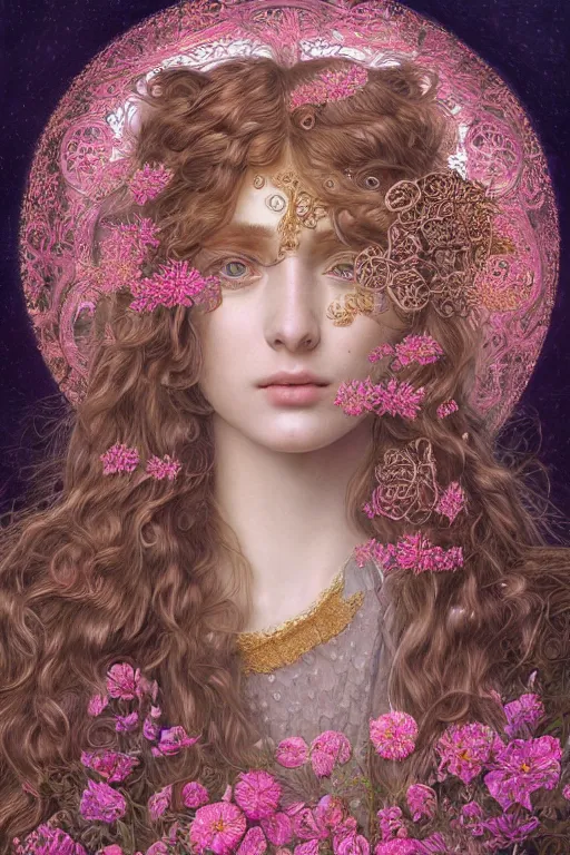 Prompt: elaborately Hyper detailed pre-raphaelite illustration of an extremely beautiful regal young attractive woman, surreal, flowers, pink bubbles, bright background, moonlight, very coherent symmetrical artwork high fantasy professionally painted digital art painting, smooth, sharp focus, highly detailed illustration highlights, golden ratio, 8K detail post-processing, symmetrical facial features, rich deep moody colors, award winning picture, trending on ArtstationHQ