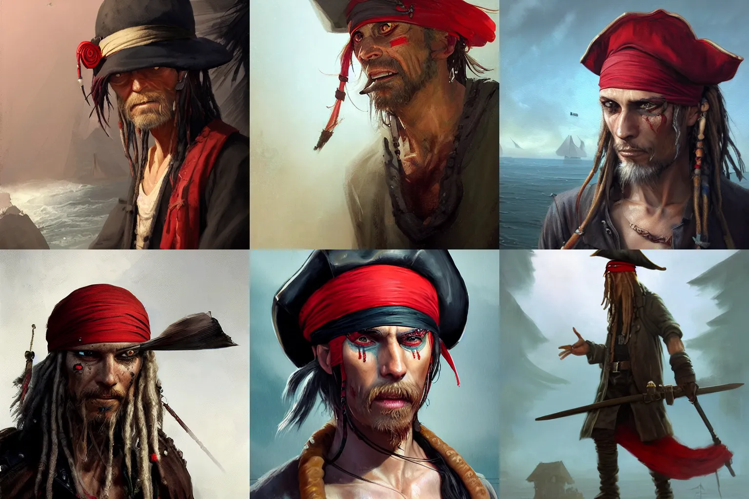 Prompt: an old skinny pirate with white white white dreadlock hair, crooked teeth, wearing a red headband and black hat, one eyepatch very detailed painting featured in artstation, concept art by Greg Rutkowski, WLOP, Dan Mumford, Christophe Vacher