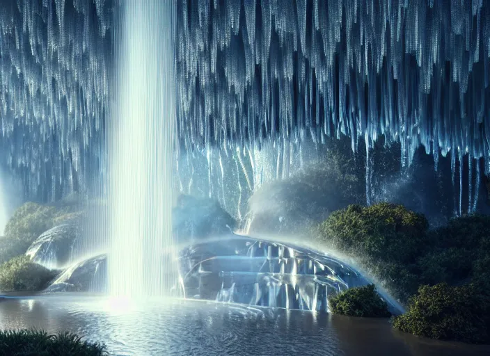 Image similar to huge towering magical waterfall, white pearlescent, chrome, iridescent metals, liquid gold, biomechanical garment, cinematic, crystalline masterpiece diamond incrustations, hyperdetailed metalwork, in volumetric soft glowing mist by erik johansson full frame mirrorless sensor, movie still, octane render, pixar, crepuscular rays,