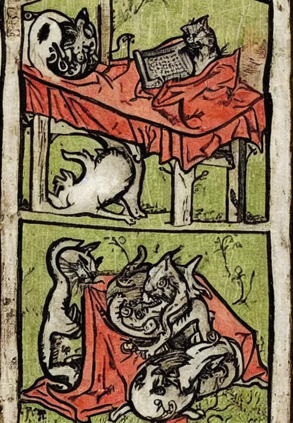 Image similar to [Grim medieval illustration of a cat watching youtube on a computer]