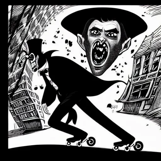 Image similar to black and white trippy comic art depiction of dracula the vampire wearing a suit and roller skating on prominently featured roller skates, zooming down the street with action lines flying past him, drawn by martin rowson, tim burton, alex pardee, nekro petros afshar, cgsociety, awesome, cool, detailed, 4 k