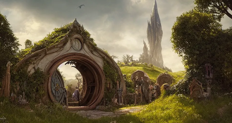 Image similar to the shire, hobbiton, lord of the rings, hobbit circle doors, intricate, elegant, highly detailed, greg rutkowski, dishonored 2, bioshock, scifi, john park, frazetta, john howe, ruan jia, jeffrey catherine jones