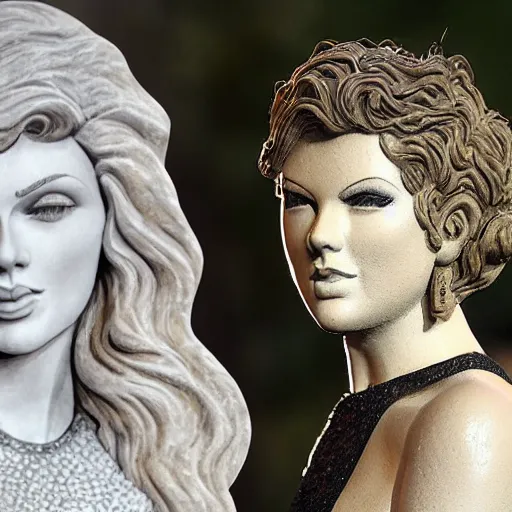 Prompt: stone sculpture of taylor swift and a stone sculpture of harry styles with a stone sculpture of adele singing