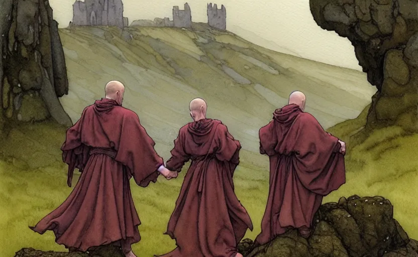 Image similar to a hyperrealist watercolour character concept art portrait of small grey medieval monks holding their hands in the air. a giant flat rock floats in the air above him. it is a misty night on the moors of ireland. by rebecca guay, michael kaluta, charles vess and jean moebius giraud