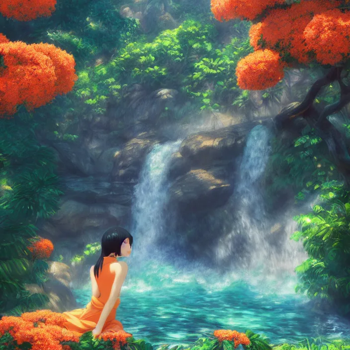 Prompt: an epic makoto shinkai and renoir landscape with a hawaiian waterfall, orange flowers, 🌺, a beautiful woman, ultra smooth, octane render, lois van baarle, ilya kuvshinov