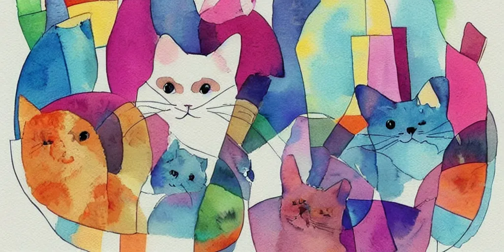 Prompt: watercolor illustration style, cute! cats!!! chose different coloured geometric toys, inspiring art