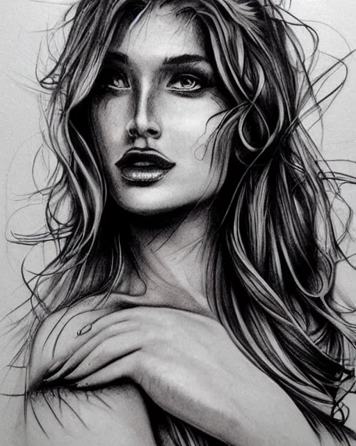 Prompt: tattoo design sketch of a beautiful woman face blended with a background of beautiful mountains, hyper - realistic, in the style of den yakovlev, amazing detail, black and white
