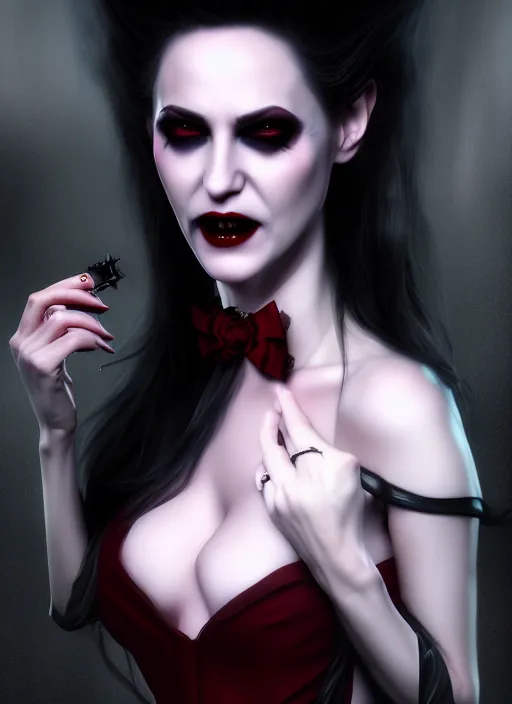 Image similar to realistic matte painting, full length portrait, the vampire duchess of blood owns las vegas at night, fangs, pale, highly detailed, CGsociety, concept art, HDR, hyper realistic, volumetric lighting, subsurface scattering, unreal,