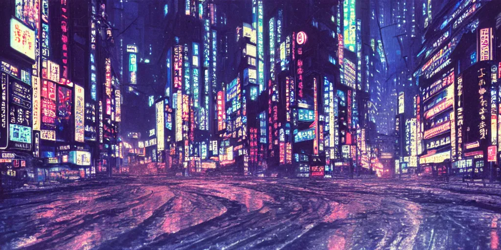 Image similar to autochrome of Neo-Tokyo 20XX winter landscape, sharp focus, cyberpunk city in winter, artwork scan, masterpiece, high quality