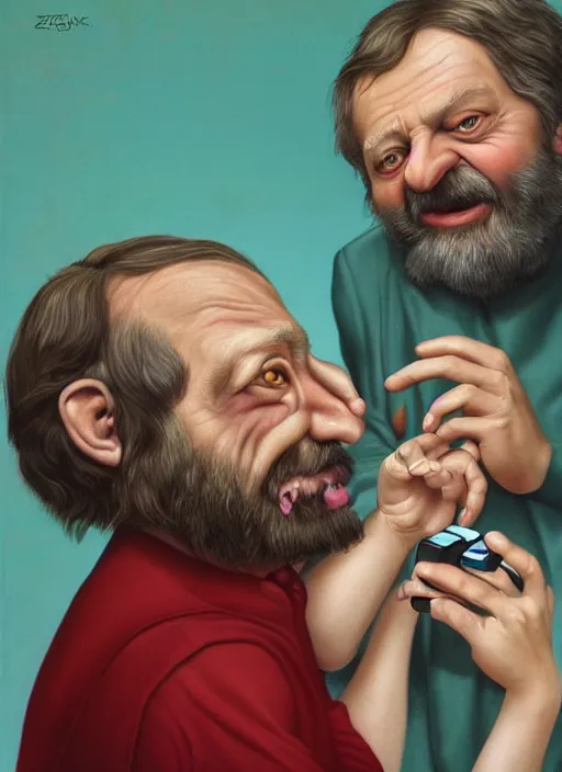 Image similar to Slavoj Zizek eating a smartphone Mark Ryden and Alex Gross, Todd Schorr highly detailed