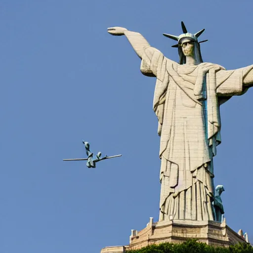 Prompt: Liberty statue fights Christ the Redeemer