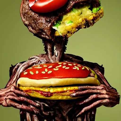 Image similar to a humanoid bipedal upright zombie that strongly resembles a hamburger, professional food photography