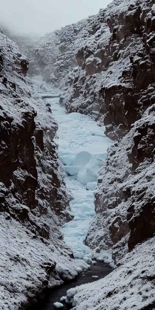 Image similar to dream looking through a hyper realistic photograph of a frozen icy canyon, minimal structure, misty, raining, meditative, timed exposure, icelandic valley, river, in the style of reuben wu, roger deakins