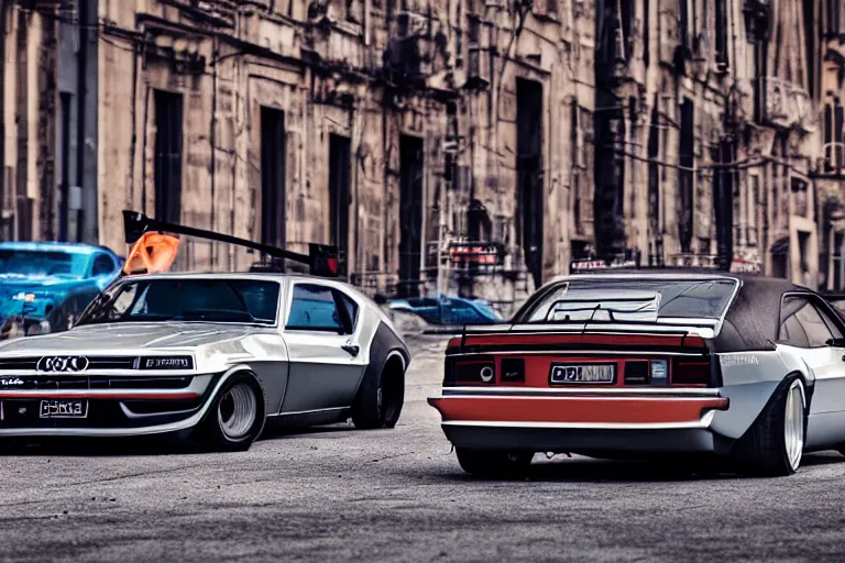 Image similar to audi camaro b 1 ( 1 9 6 9 ) drifting, need for speed : carbon, neon lines, lviv historic centre, ultra phonk, phonk music background, smoke behind wheels, noise, dark, establishing shot