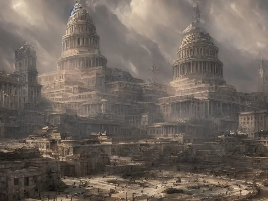 Image similar to matte painting by fan wennan and marc simonetti and jonathan solter. future capitol of the american communist party shining in the sun after the triumph of socialism in america, hyperdetailed, cinematic, photorealistic, hyperrealism, masterpiece, future communist governmental architecture, statue, imposing, strength, abundance, life. america 2 0 9 8