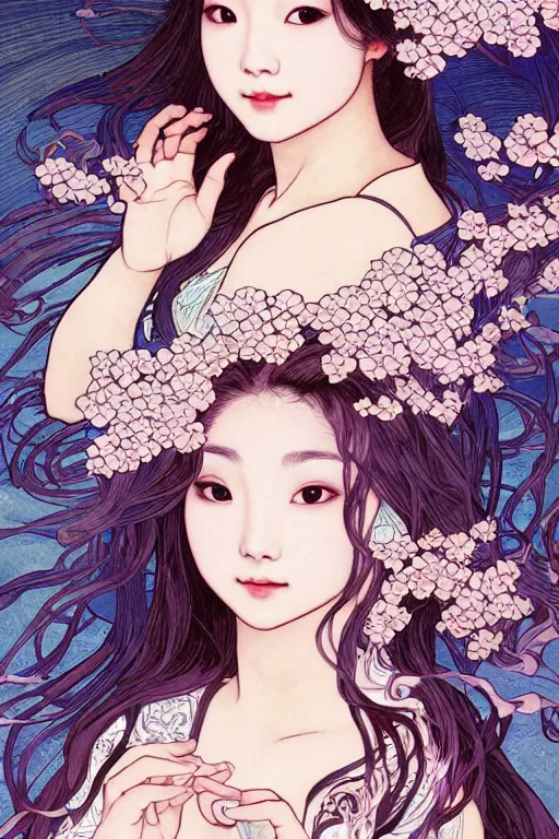 Image similar to beautiful young heroine portrait like twice tzuyu+happy+smoky eyes+front face with light flowing hair smiling, ultradetail face by tian zi and WLOP and alphonse mucha, great wave of hokusai, illustration, fantasy, acryllic spill, intricate complexity, chinese, goddess, holy, divine, rule of thirds, fantasy character concept, watermark, blurry, 8k