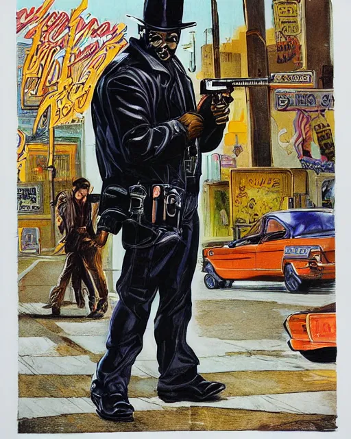 Image similar to detective with gun in leather jacket, los angeles city street, artwork by ralph bakshi