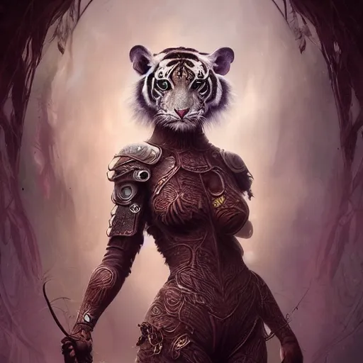 Image similar to tom bagshaw, soft painting fractal curiosities carnival, very beautiful female mutation tigress in full nightshade gothic armor, accurate features, focus, very intricate ultrafine details, black white purple volumetric clouds, award winning masterpiece, octane render 8 k hd