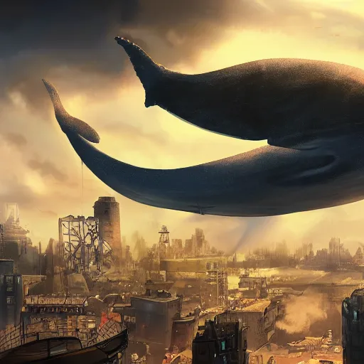 Prompt: A huge whale flying in the clouds above a steampunk mega city, golden lighting, artstation, realistic digital painting