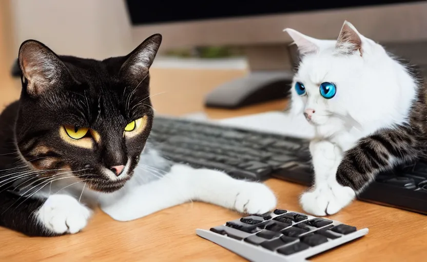 Image similar to a cat using a gaming computer, realistic