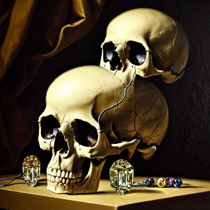 Image similar to still life painting of a skull with neon glowing crystal eyes, surrounded by various crystals, by pieter claesz, oil on canvas, strong lighting, highly detailed, hyper realism, golden hour, god rays, hd, 4 k