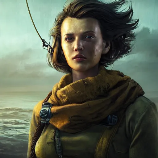 Image similar to fallout 5, charismatic beautiful rugged brunette female protagonist, portrait, outdoors coastal area with a marooned fishing boat, atmospheric lighting, painted, intricate, volumetric lighting, beautiful, daytime, sunny weather, slight overcast, sharp focus, deep colours, ultra detailed, by leesha hannigan, ross tran, thierry doizon, kai carpenter, ignacio fernandez rios