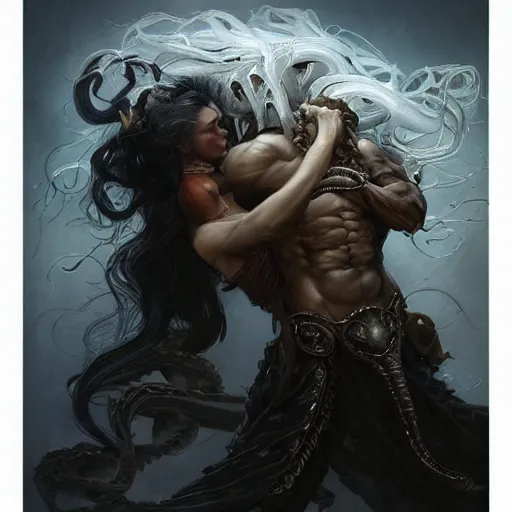 Image similar to “Super model Medusa kissing hephaestus, dark, intricate, fantasy, intricate, elegant, highly detailed, digital painting, artstation, concept art, matte, sharp focus ,highly detailed, smooth, artstation, digital illustration by Ruan Jia and Mandy Jurgens and Artgerm and Wayne Barlowe and Greg Rutkowski and Frank Frazetta”