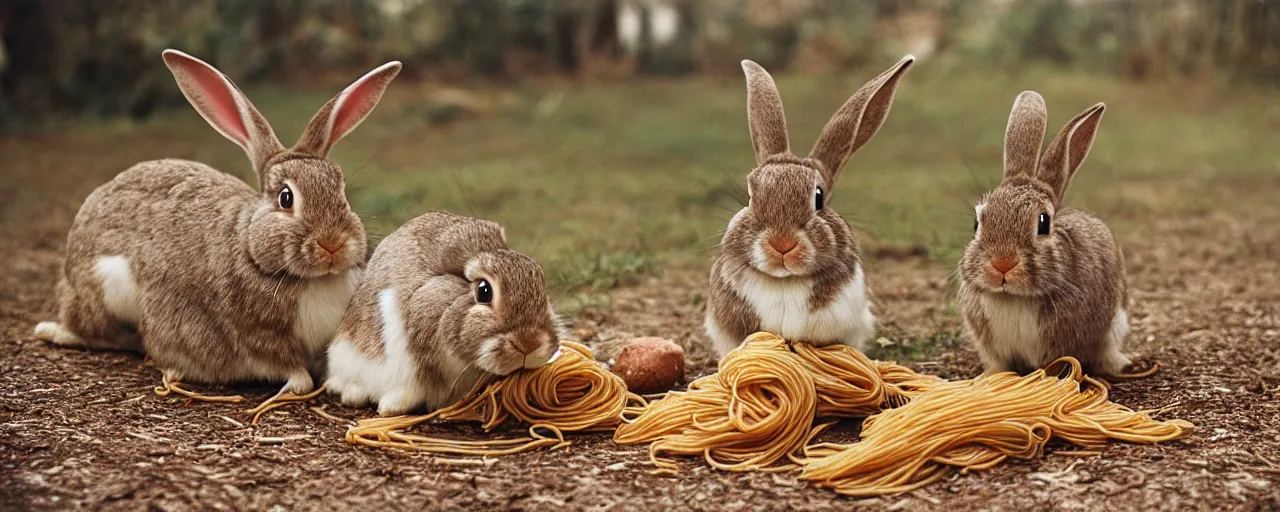 Image similar to rabbits eating spaghetti off the ground, in the style of national geographic, in the style of wes anderson, canon 5 0 mm, kodachrome, retro