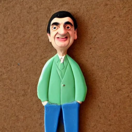 Image similar to mr bean made of clay in a cardboard city, cute, 55mm lens f1.4