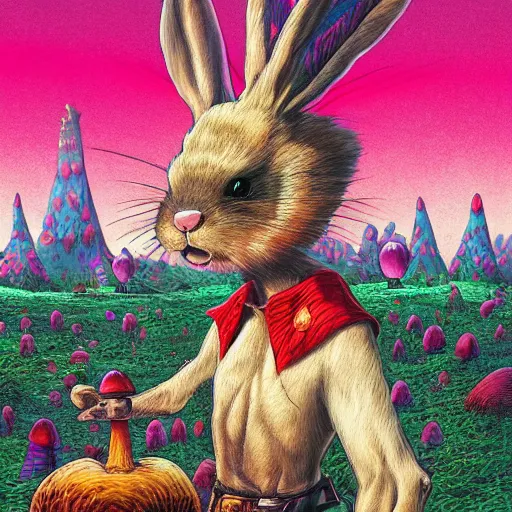 Image similar to 4 k headshot portrait of a psychedelic demonic anthropomorphic bunny rabbit with mushroom themed clothes, magic mushroom village in background by jeff easley, award winning, stylized neon, post - processing, masterpiece, superb resolution. in the art style of junji ito and greg rutkowski. detailed mushroom city in background. hyper realistic anime. perfect art. dalle 2