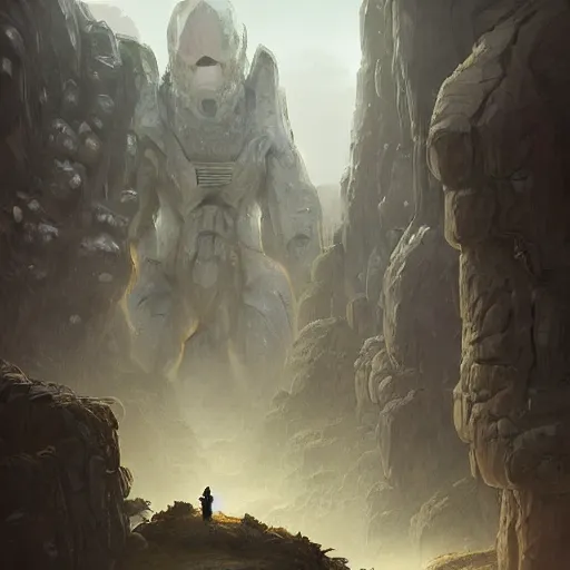 Image similar to concept art of a giant stone golem, day time, foreboding, fantasy, valley, tomislav jagnjic