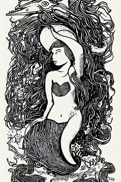 Prompt: portrait of a mermaid in kelp by MCBESS, 2 colour print