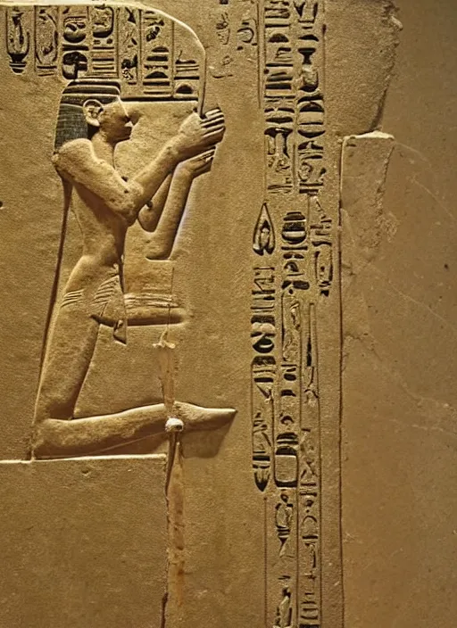 Image similar to a very very very worn out ancient egyptian relief of a man shooting a bolt action rifle, award winning photo