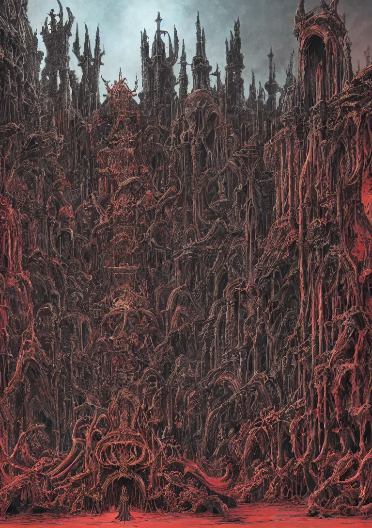 Prompt: matte painting of a gothic throne room, centered on a huge throne of bones and flesh, abominations are kneeling in front of the throne, dying humans are nailed to the walls, red tones, josan gonzales and moebius and enki bilal and and dan mumford and jean claude meziere and philippe druilleg