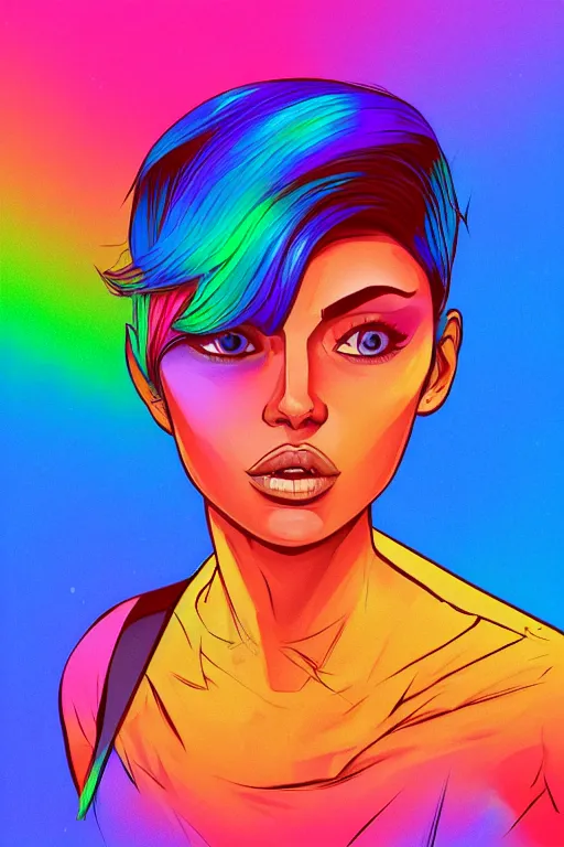 Image similar to a award winning half body portrait of a beautiful woman with stunning eyes in a croptop and cargo pants with rainbow colored ombre hairstyle head in motion and hair flying by josan gonzales, outrun, vaporware, shaded flat illustration, digital art, trending on artstation, highly detailed, fine detail, intricate