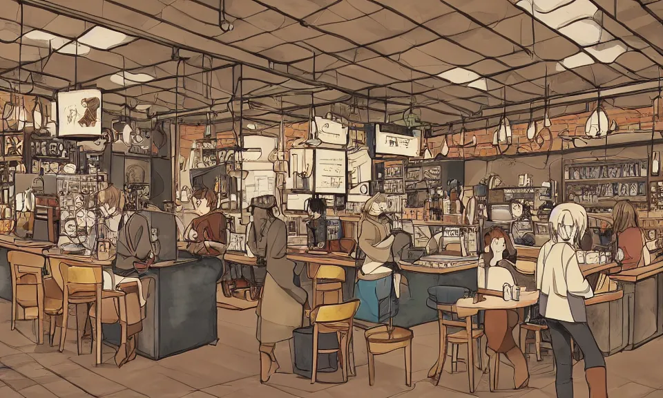 Image similar to interior of a coffee shop, anime style, cozy, drawing, highly detailed